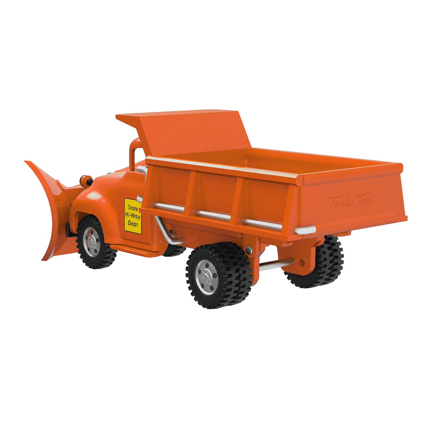 Hasbro Tonka State Hi-Way Dept Dump Truck, Metal — 2026 Hallmark Keepsake Christmas Ornament in bright orange with snow blade detail