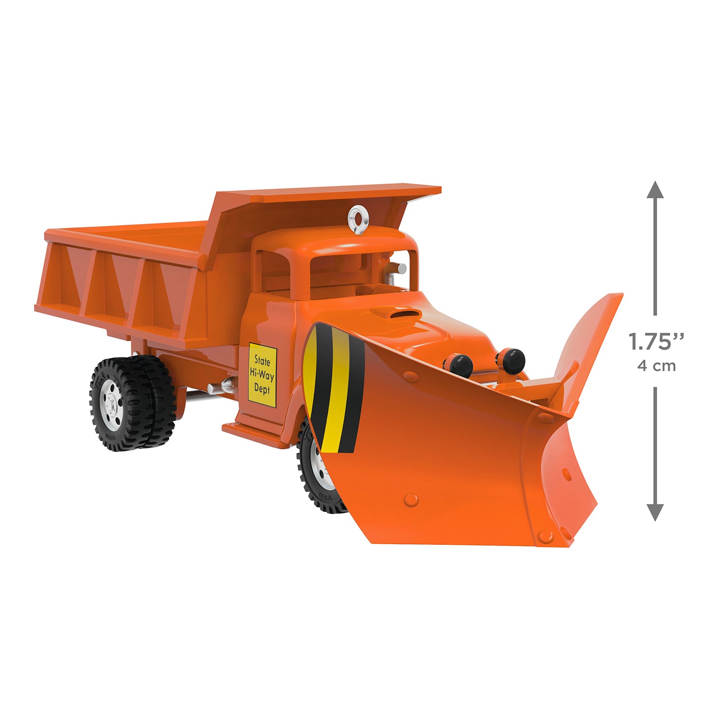 Hasbro Tonka State Hi-Way Dept Dump Truck, Metal — 2026 Hallmark Keepsake Christmas Ornament, vintage orange design, angled view