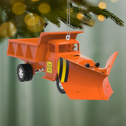 Hasbro Tonka State Hi-Way Dept Dump Truck, Metal — 2026 Hallmark Keepsake Christmas Ornament, 1950s orange design with plough, hanging on a tree.