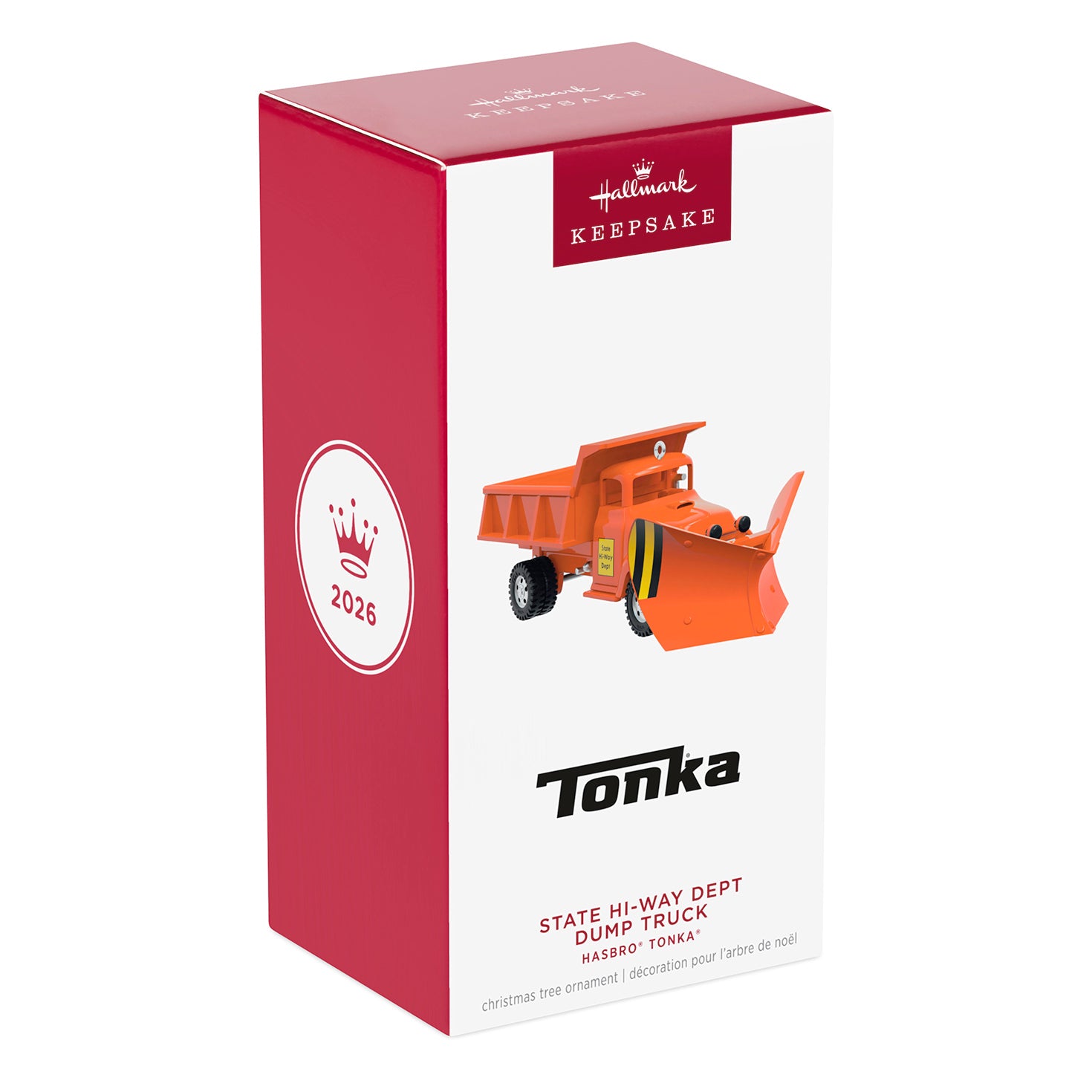 Hasbro Tonka State Hi-Way Dept Dump Truck, Metal — 2026 Hallmark Keepsake Christmas Ornament packaging design featuring bright orange colour.