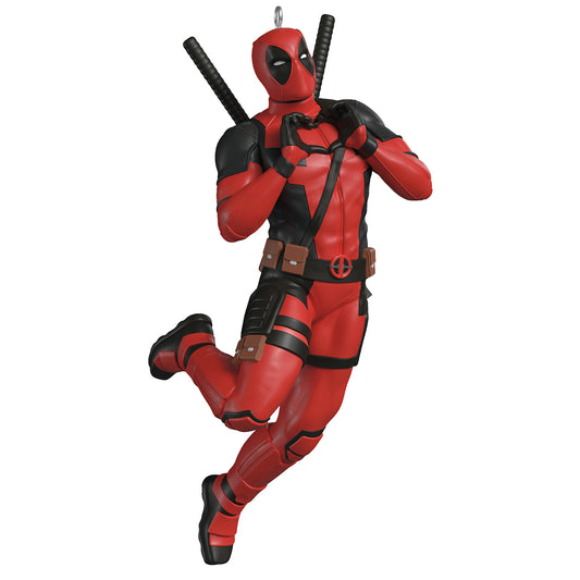 Marvel Deadpool The Merc With a Heart — 2026 Hallmark Keepsake Christmas Ornament in a prancing pose making a heart-hands gesture.