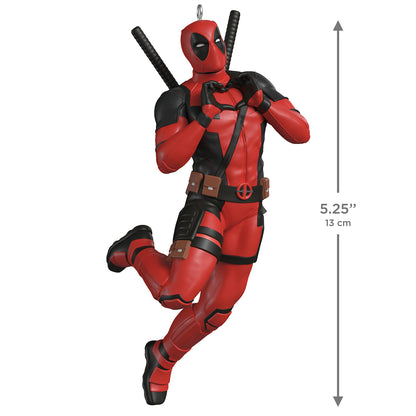 Marvel Deadpool The Merc With a Heart — 2026 Hallmark Keepsake Christmas Ornament in vibrant red and black, featuring a heart-hands pose.
