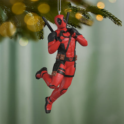 Marvel Deadpool The Merc With a Heart — 2026 Hallmark Keepsake Christmas Ornament, red and black superhero in a heart-hand pose, hanging from Christmas tree.