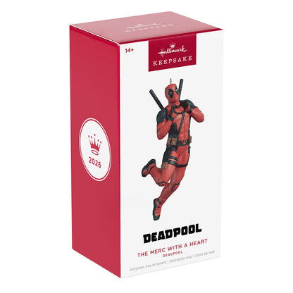 Marvel Deadpool The Merc With a Heart — 2026 Hallmark Keepsake Christmas Ornament in packaging with vibrant red design.