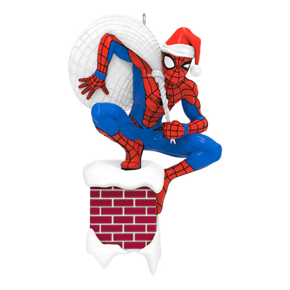 Marvel Spider-Man Special Delivery — 2026 Hallmark Keepsake Christmas Ornament perched on a snowy chimney wearing a Santa hat.