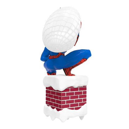 Marvel Spider-Man Special Delivery — 2026 Hallmark Keepsake Christmas Ornament in blue and red, showing detail of Spider-Man on a snowy chimney.