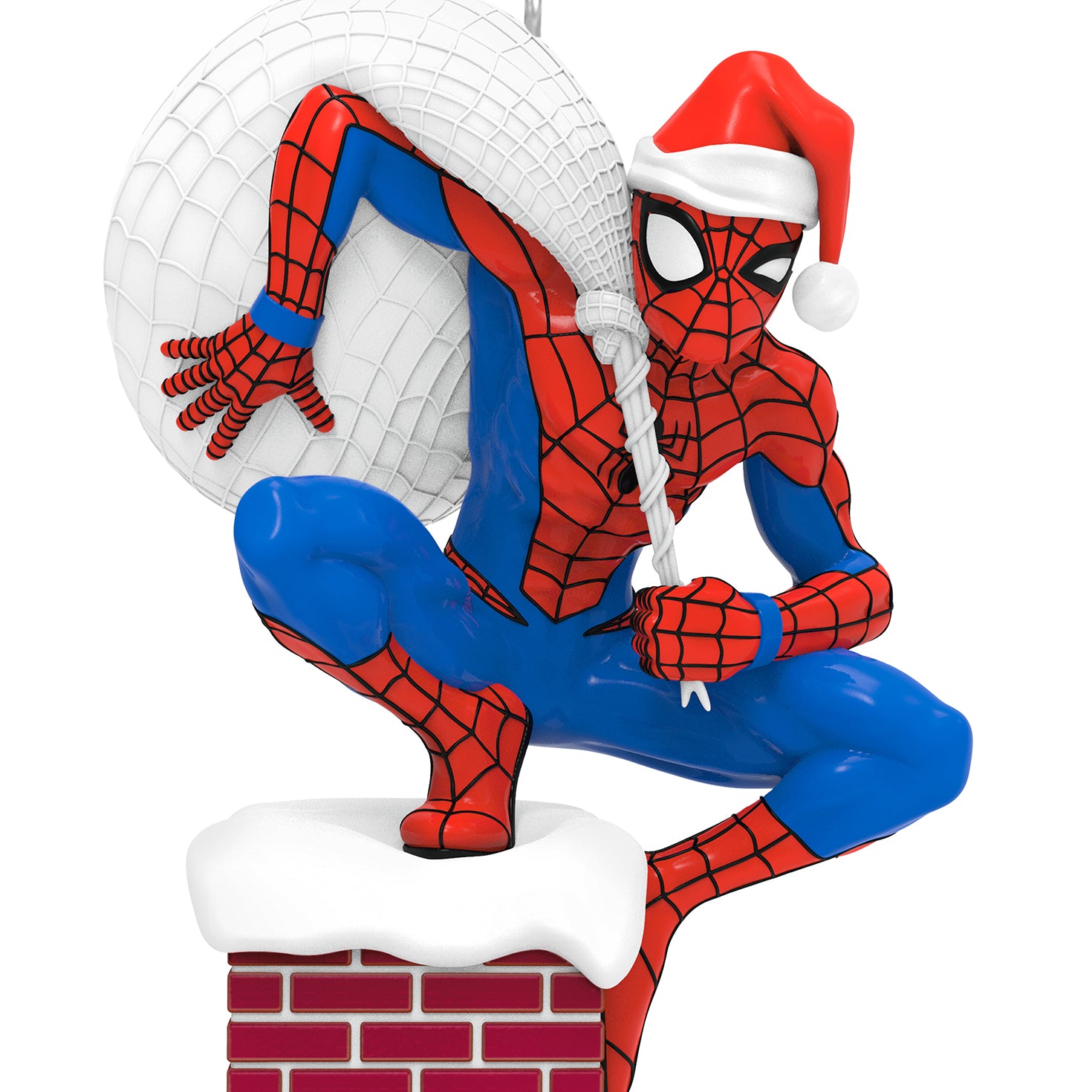 Marvel Spider-Man Special Delivery — 2026 Hallmark Keepsake Christmas Ornament, bright blue costume, Santa hat, perched on snowy chimney.