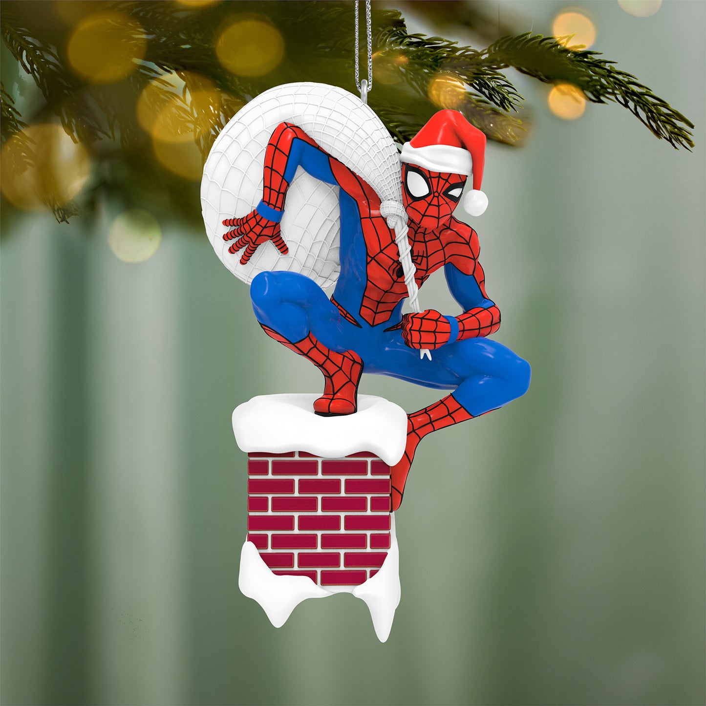 Marvel Spider-Man Special Delivery — 2026 Hallmark Keepsake Christmas Ornament with Spider-Man in Santa hat perched on chimney.