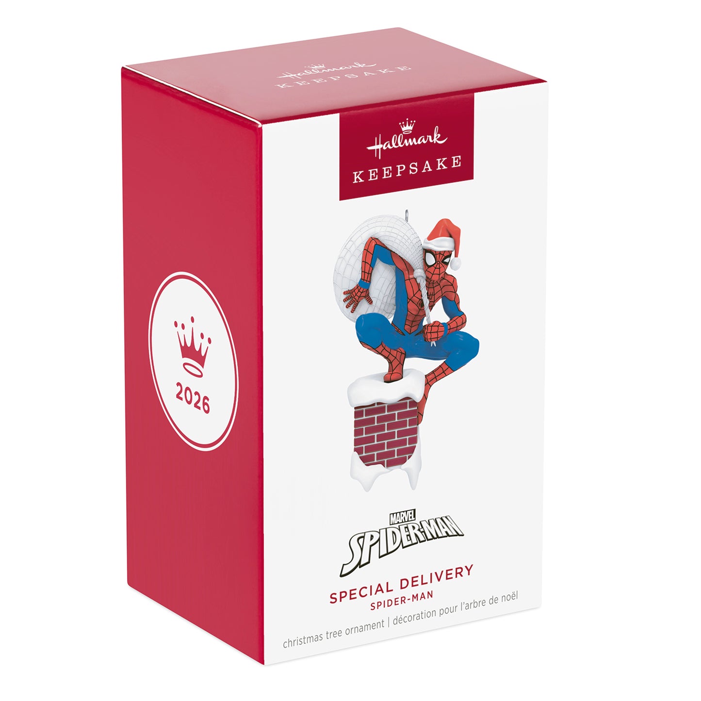 Marvel Spider-Man Special Delivery — 2026 Hallmark Keepsake Christmas Ornament in festive packaging featuring Spider-Man on a chimney.