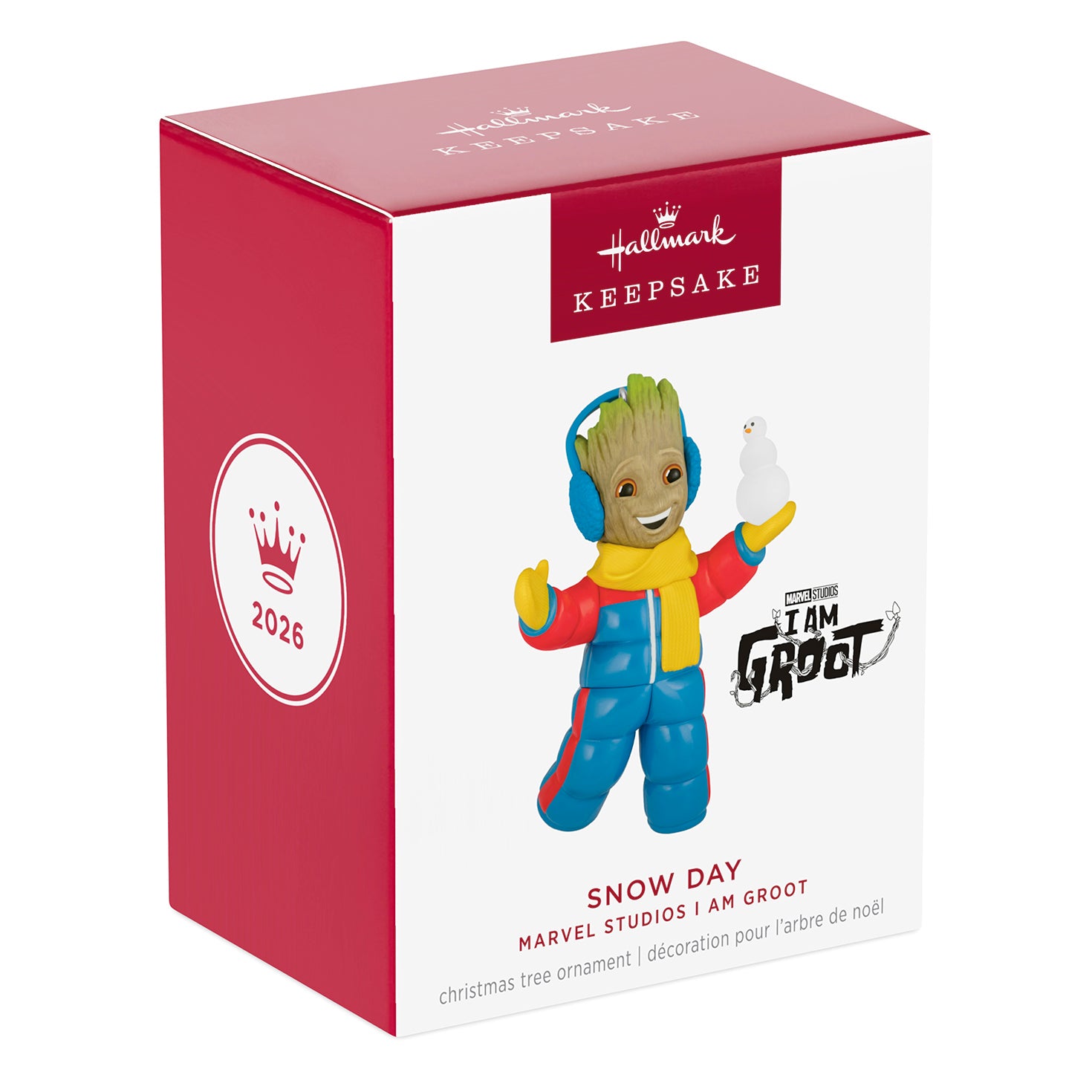 Marvel Studios I Am Groot Snow Day — 2026 Hallmark Keepsake Christmas Ornament in colourful packaging, featuring Groot with snowman.