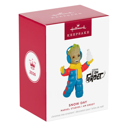Marvel Studios I Am Groot Snow Day — 2026 Hallmark Keepsake Christmas Ornament in colourful packaging, featuring Groot with snowman.