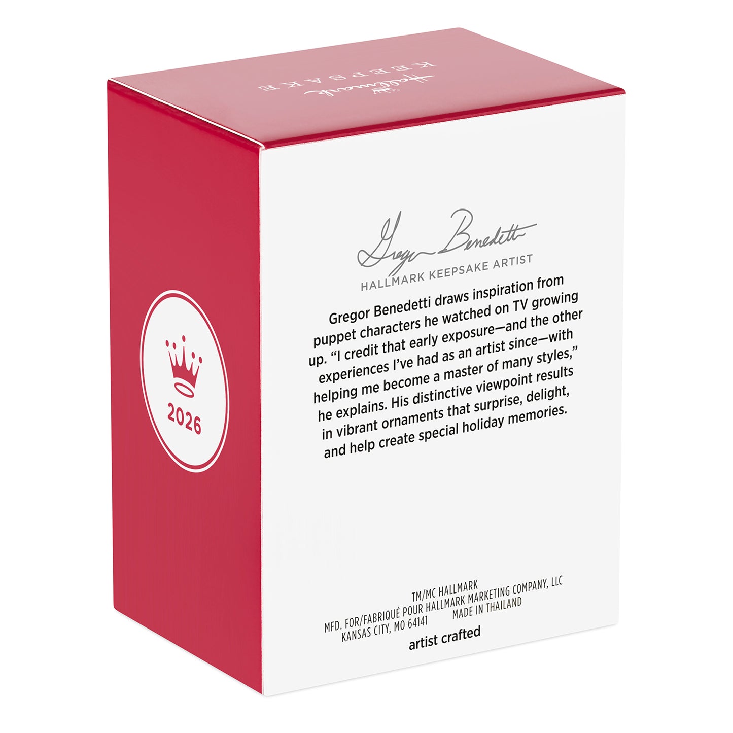 Marvel Studios I Am Groot Snow Day — 2026 Hallmark Keepsake Christmas Ornament packaging, featuring artist Gregor Benedetti's bio and signature on a red box.