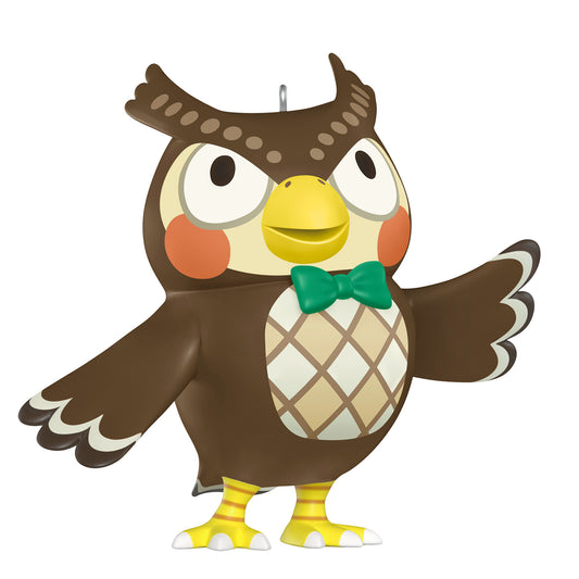 Nintendo Animal Crossing Blathers — 2026 Hallmark Keepsake Christmas Ornament, colourful owl figurine with green bow tie, close up view.