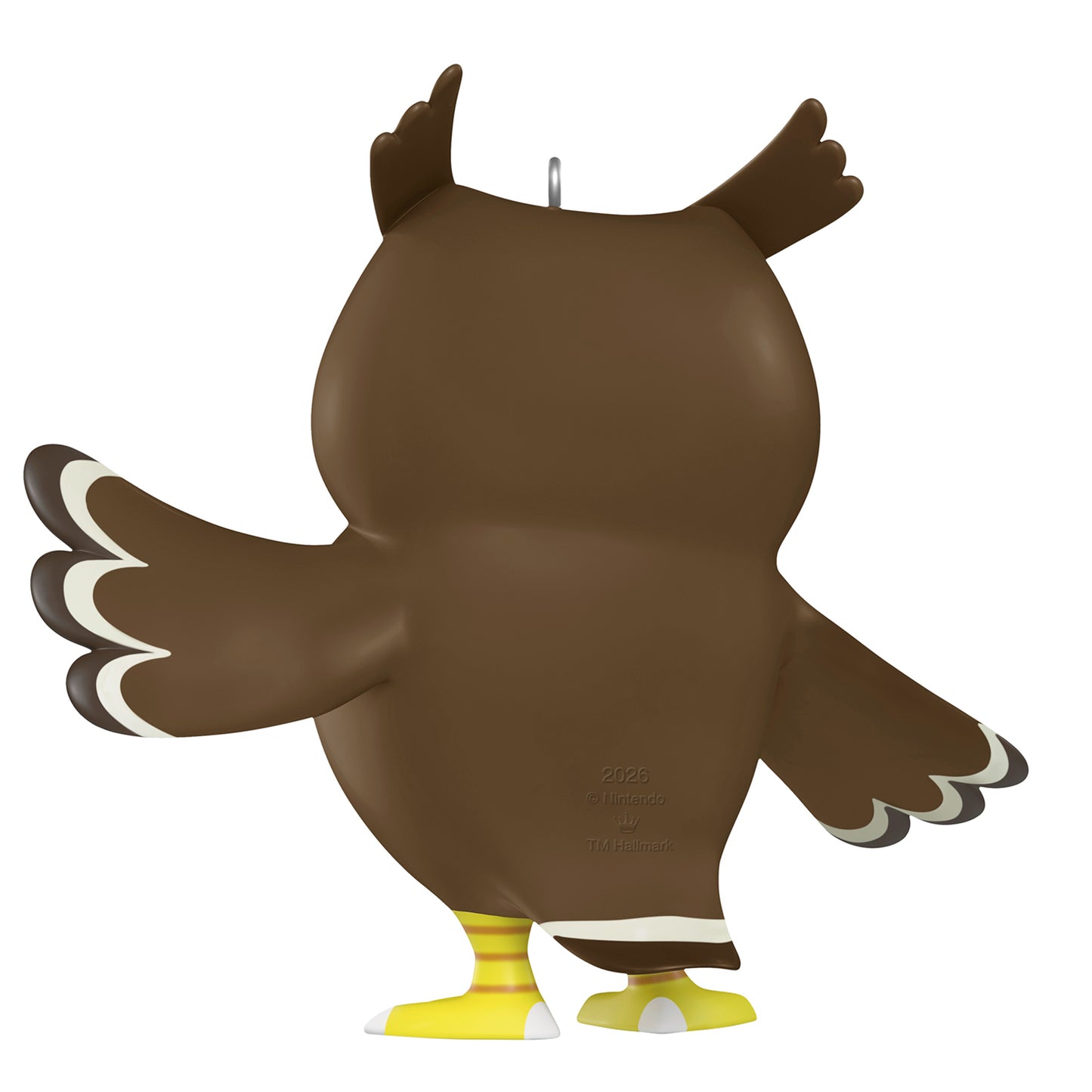Nintendo Animal Crossing Blathers — 2026 Hallmark Keepsake Christmas Ornament, back view, brown owl with yellow feet and stylised wings.