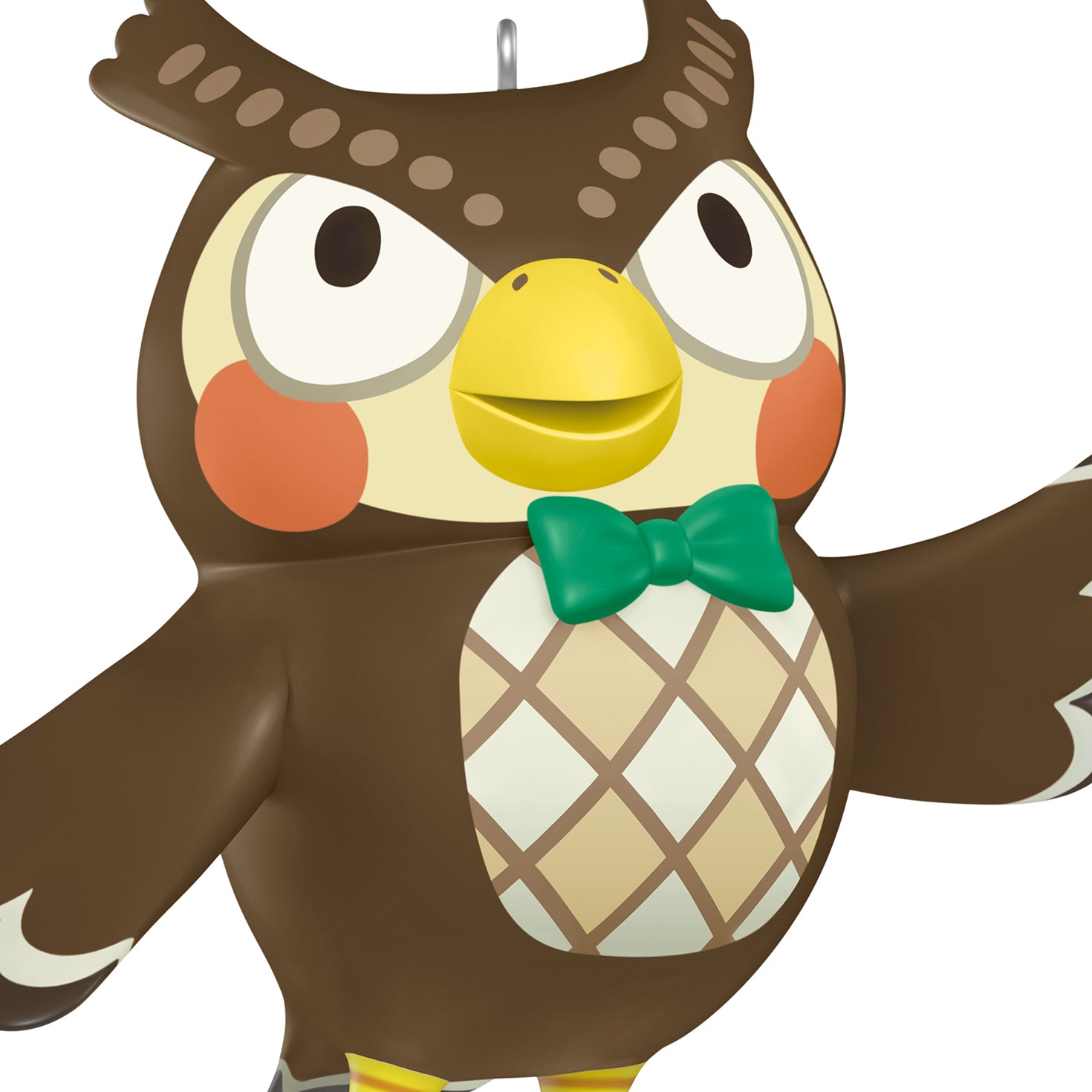 Nintendo Animal Crossing Blathers — 2026 Hallmark Keepsake Christmas Ornament, detailed close-up of brown owl with green bow tie.