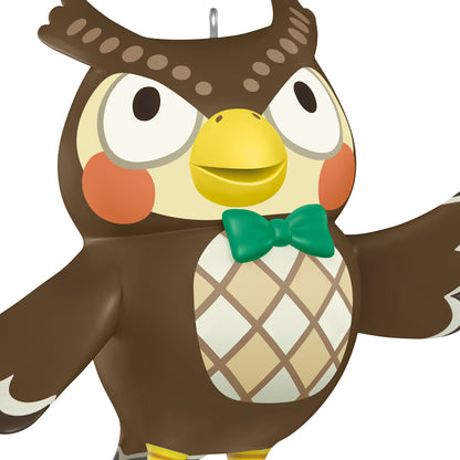 Nintendo Animal Crossing Blathers — 2026 Hallmark Keepsake Christmas Ornament, detailed close-up of brown owl with green bow tie.