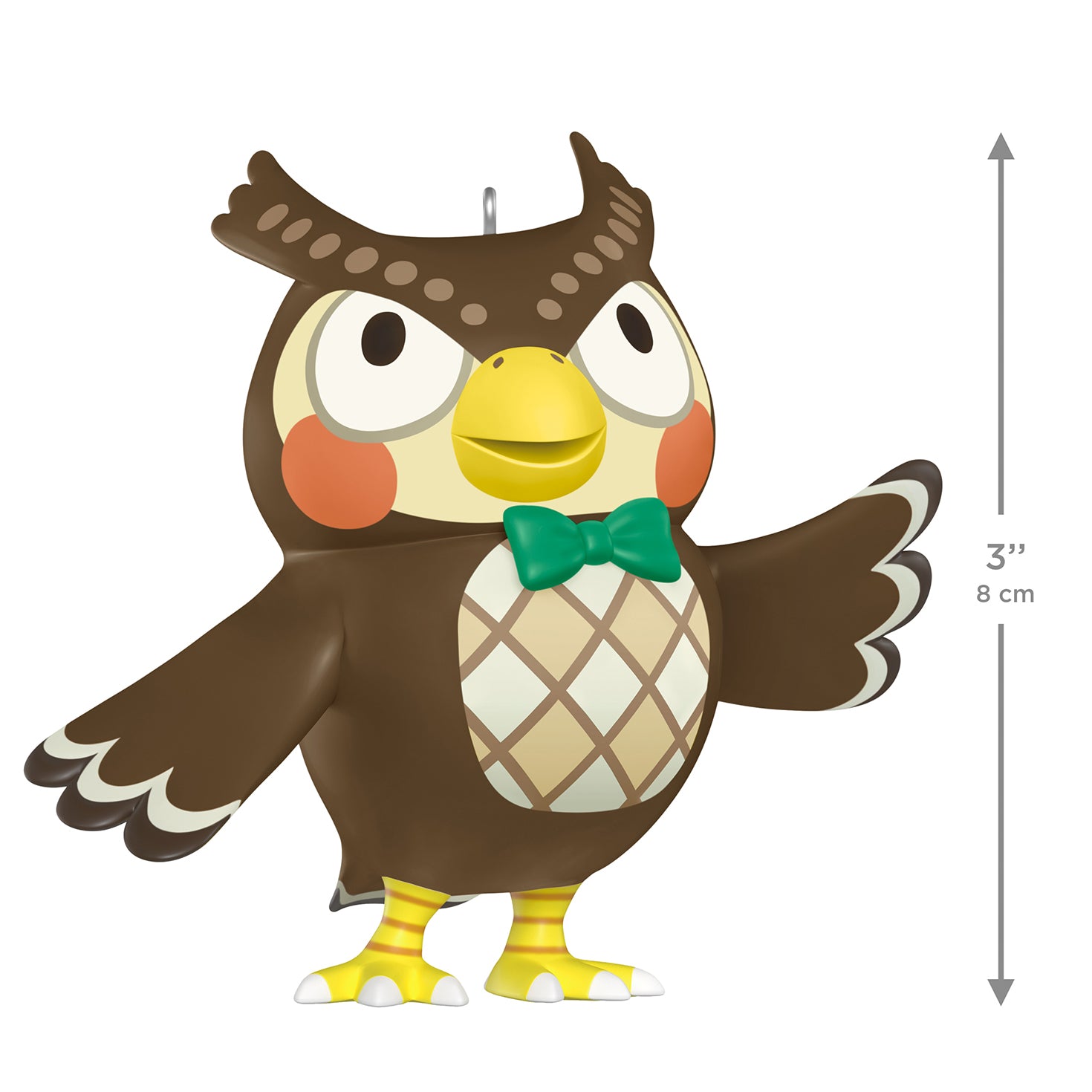 Nintendo Animal Crossing Blathers — 2026 Hallmark Keepsake Christmas Ornament, brown owl design with green bow tie, standing pose, 8 cm tall.