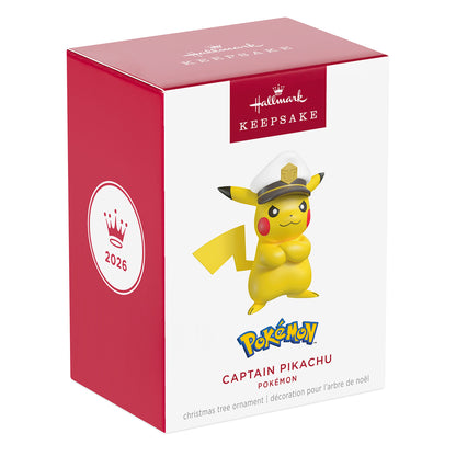 Pokémon Captain Pikachu — 2026 Hallmark Keepsake Christmas Ornament in packaging featuring vibrant colours and a detailed design.