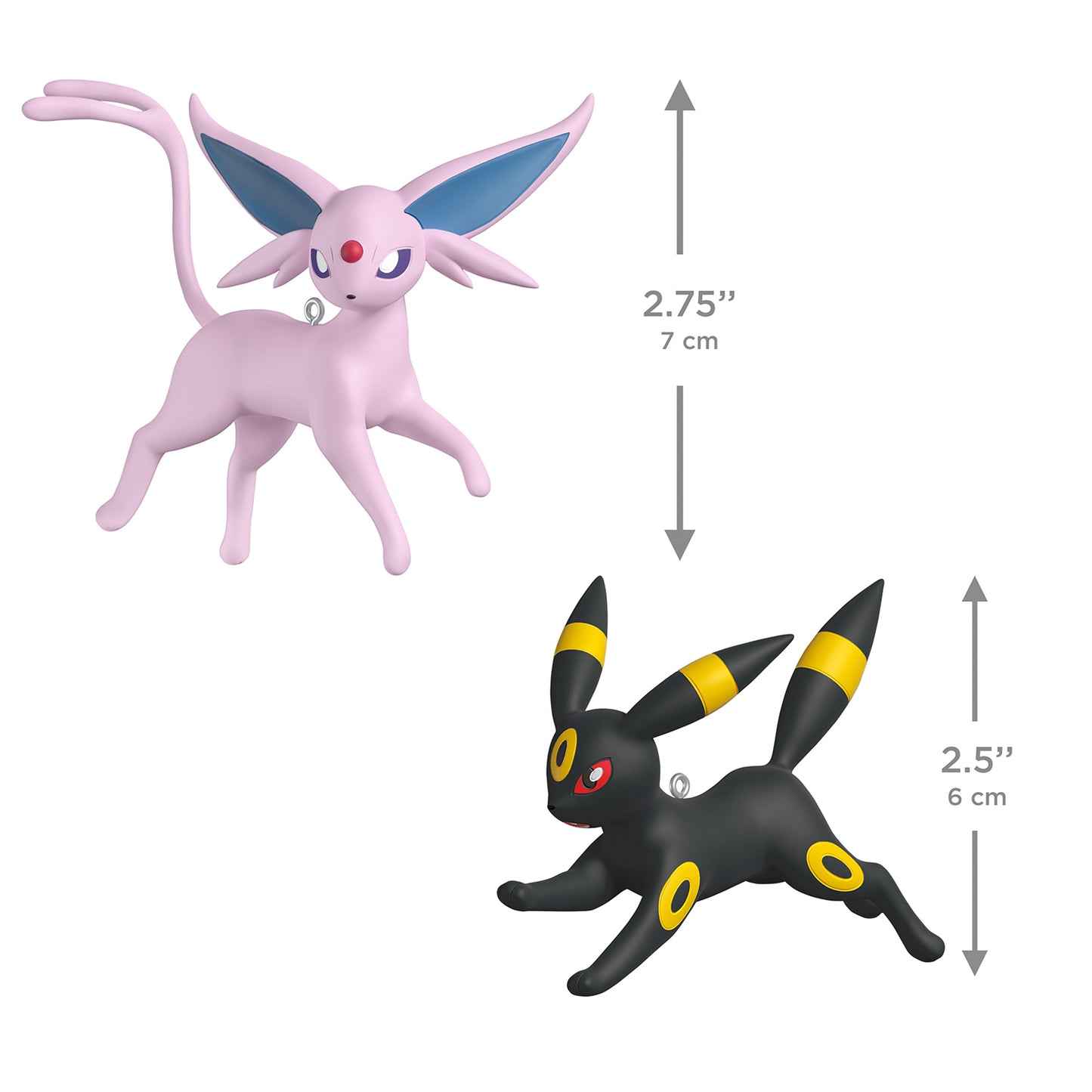 Pokémon Espeon and Umbreon, set of 2 — 2026 Hallmark Keepsake Christmas Ornaments, featuring detailed designs, 7 cm and 6 cm in size.