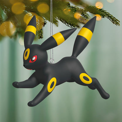 Pokémon Espeon and Umbreon, Set of 2 — 2026 Hallmark Keepsake Christmas Ornaments, Umbreon detail, hanging ornament against a green background.