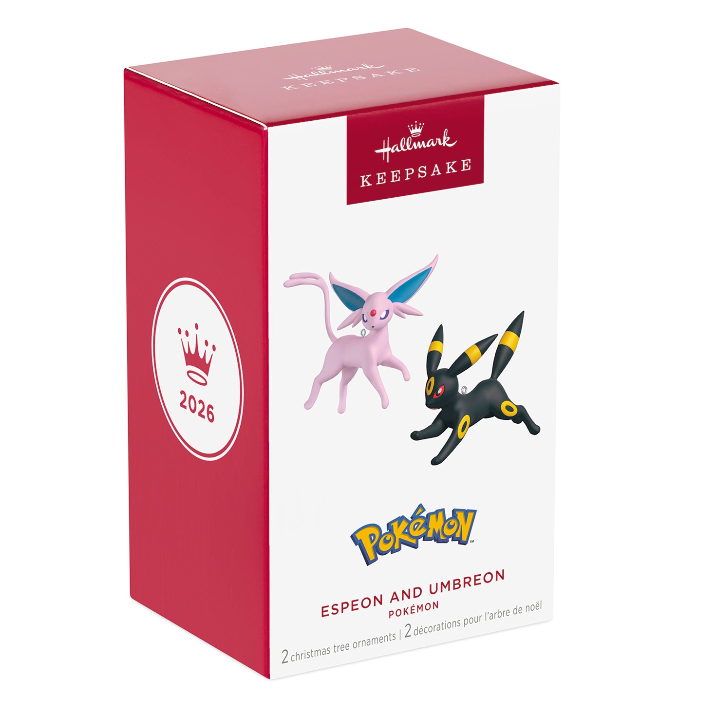 Pokémon Espeon and Umbreon, set of 2 — 2026 Hallmark Keepsake Christmas ornaments in gift box, featuring detailed designs.