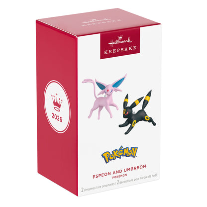 Pokémon Espeon and Umbreon, set of 2 — 2026 Hallmark Keepsake Christmas ornaments in gift box, featuring detailed designs.