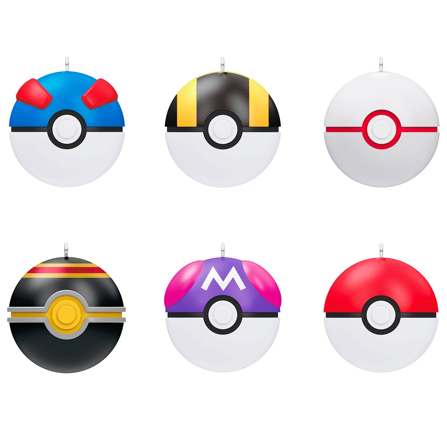 Pokémon Poké Ball, Set of 6 — 2026 Hallmark Keepsake Christmas Ornaments in vibrant colours, displayed in a flat lay arrangement.