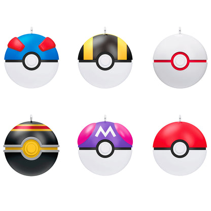 Pokémon Poké Ball, Set of 6 — 2026 Hallmark Keepsake Christmas Ornaments in vibrant colours, displayed in a flat lay arrangement.
