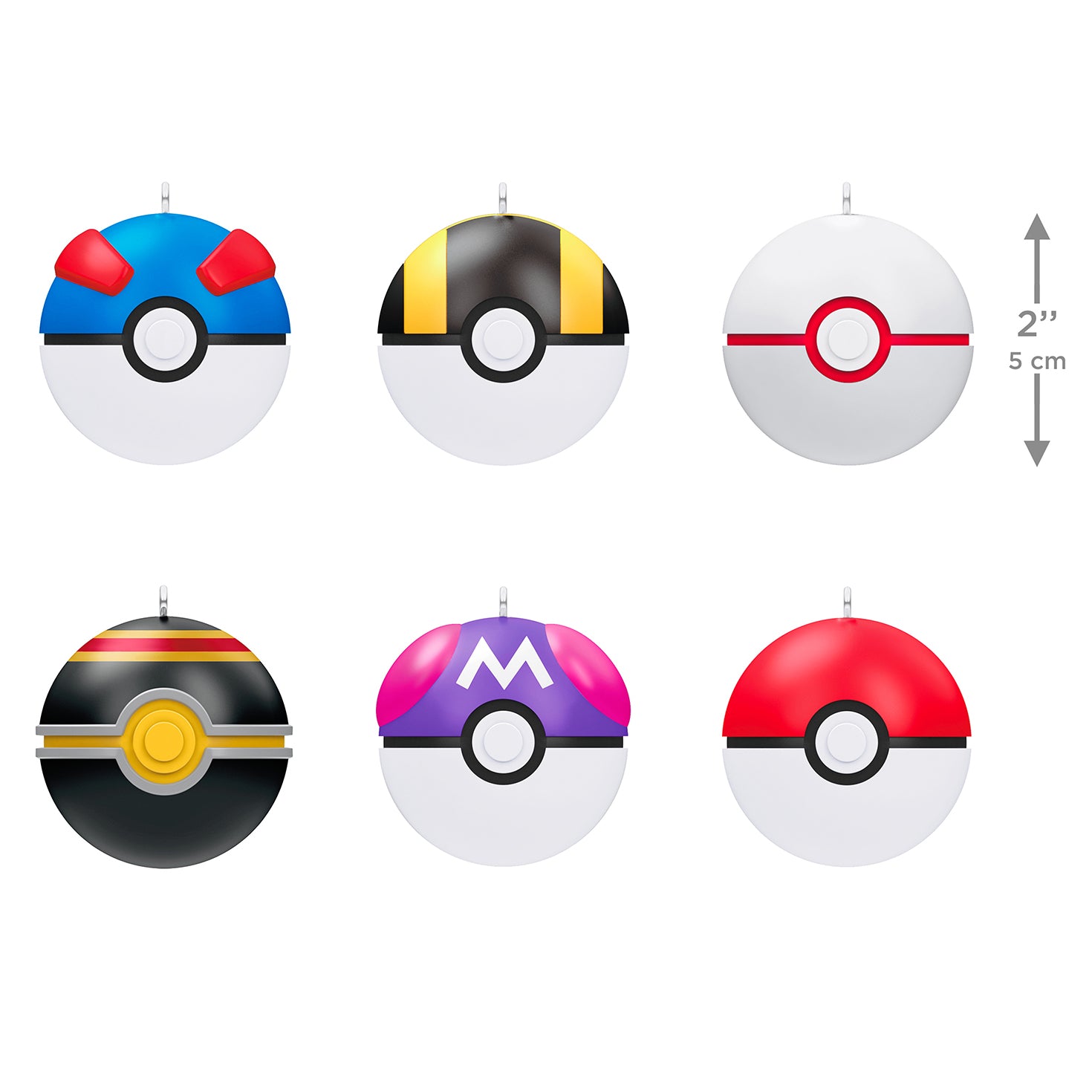 Pokémon Poké Ball, Set of 6 — 2026 Hallmark Keepsake Christmas Ornaments featuring diverse ball designs with vibrant colours in flat lay view.