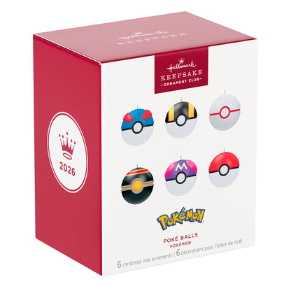 Pokémon Poké Ball, Set of 6 — 2026 Hallmark Keepsake Christmas Ornaments in gift box showing colourful Poké Balls, flat lay view.