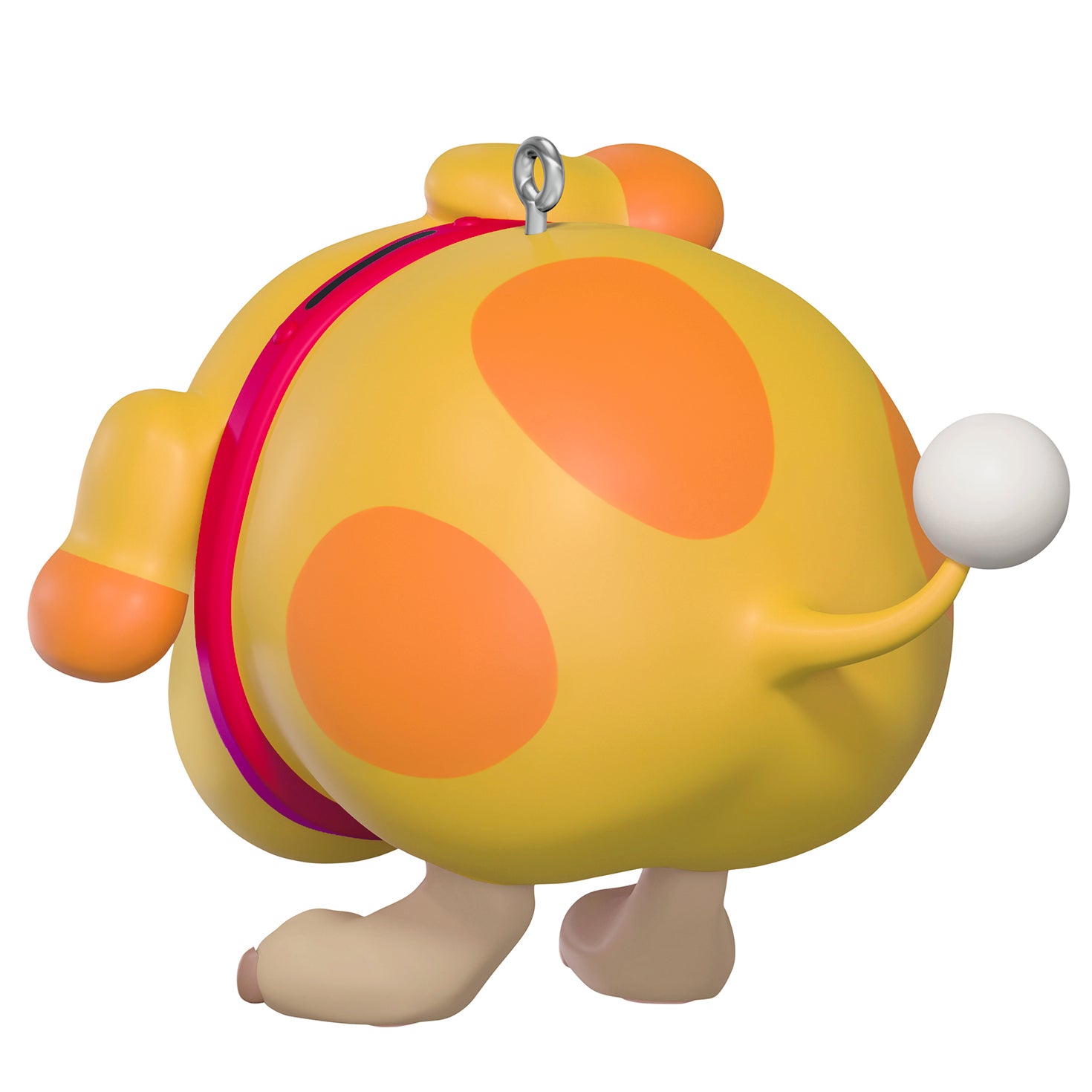 Nintendo Pikmin Oatchi — 2026 Hallmark Keepsake Christmas Ornament, rear view, yellow body with orange spots and puffball tail.