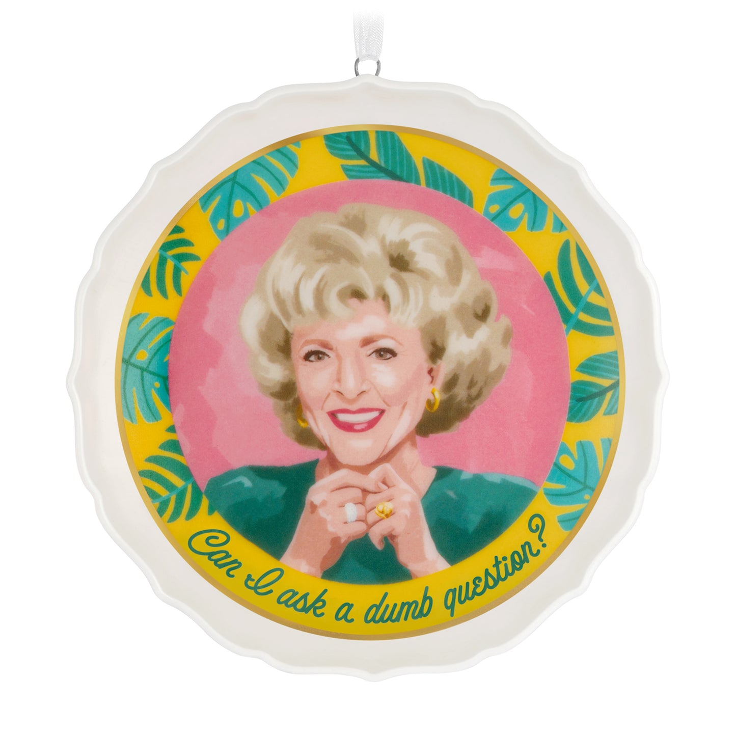 The Golden Girls Can I Ask a Dumb Question?, porcelain 2026 Hallmark Keepsake Christmas ornament, close up plate design with palm leaves.