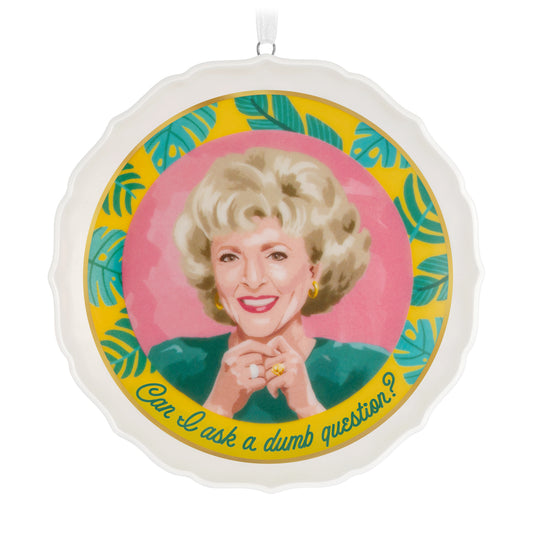 The Golden Girls Can I Ask a Dumb Question?, porcelain 2026 Hallmark Keepsake Christmas ornament, close up plate design with palm leaves.
