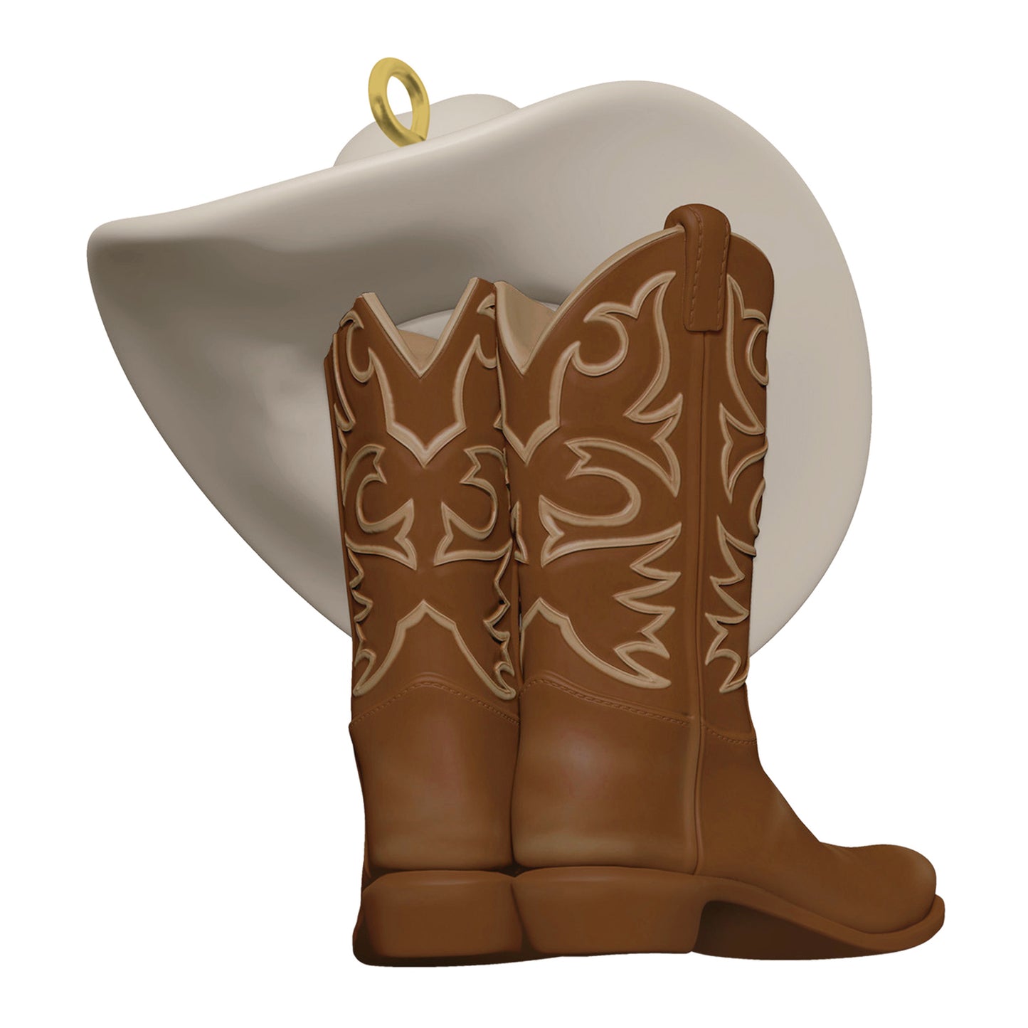Yellowstone Wear the Brand — 2026 Hallmark Keepsake Christmas Ornament featuring brown cowboy boots and a cream cowboy hat in a side view.