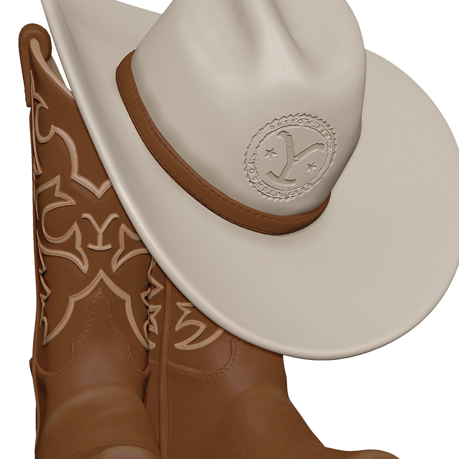 Yellowstone Wear the Brand — 2026 Hallmark Keepsake Christmas Ornament featuring a cream cowboy hat atop brown cowboy boots with detailed stitching.
