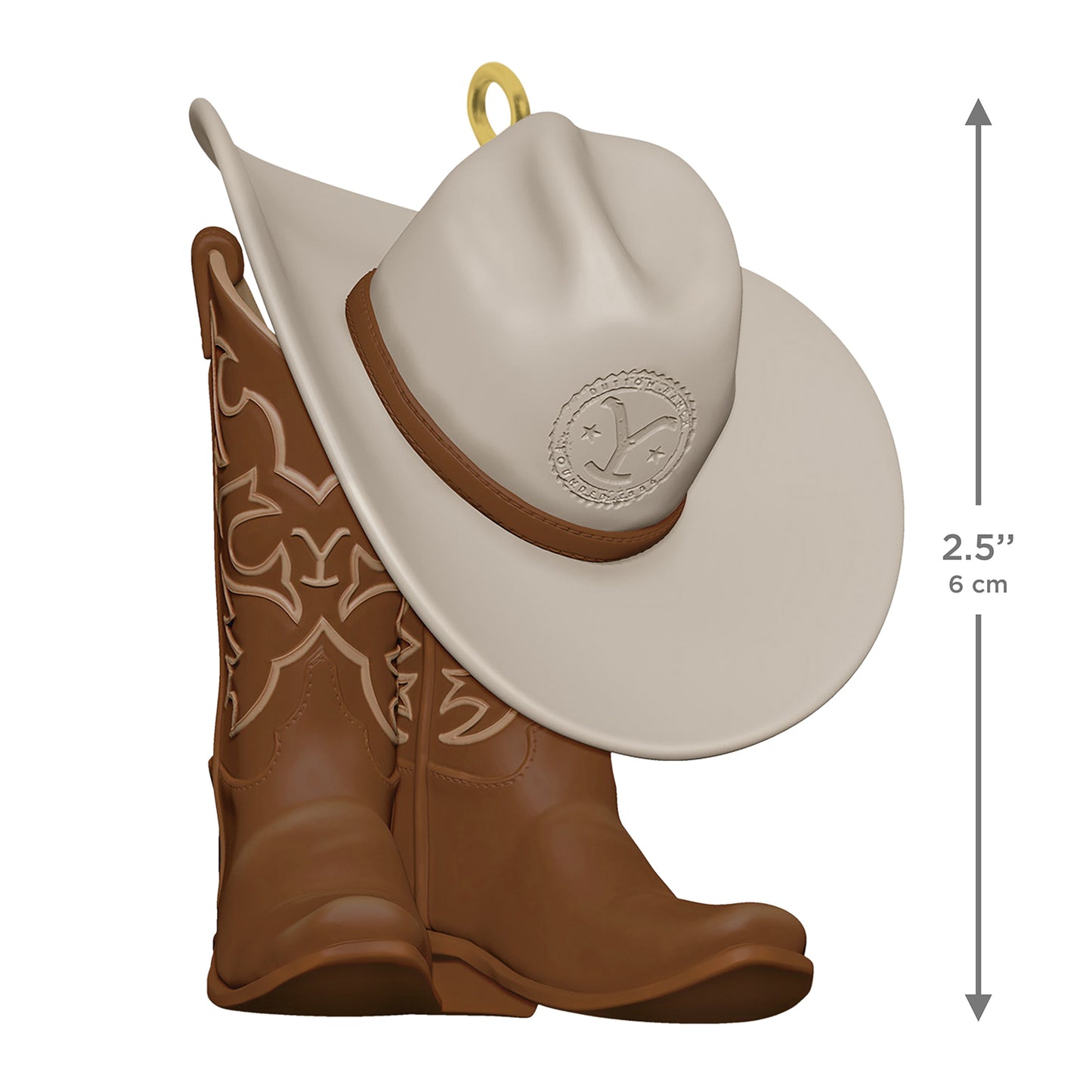 Yellowstone Wear the Brand — 2026 Hallmark Keepsake Christmas Ornament featuring brown cowboy boots and a cream cowboy hat, angled view.