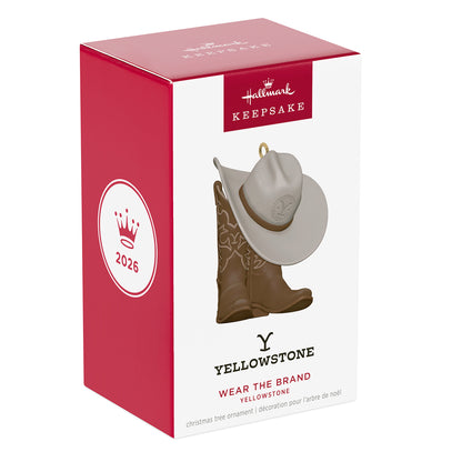 Yellowstone Wear the Brand — 2026 Hallmark Keepsake Christmas Ornament in gift box, featuring brown cowboy boots and cream hat.