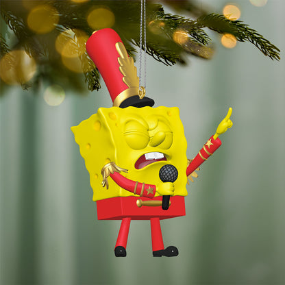 Nickelodeon SpongeBob SquarePants "Band Geeks" — 2026 Hallmark Keepsake Christmas Ornament in red marching band uniform, hanging on a Christmas tree.