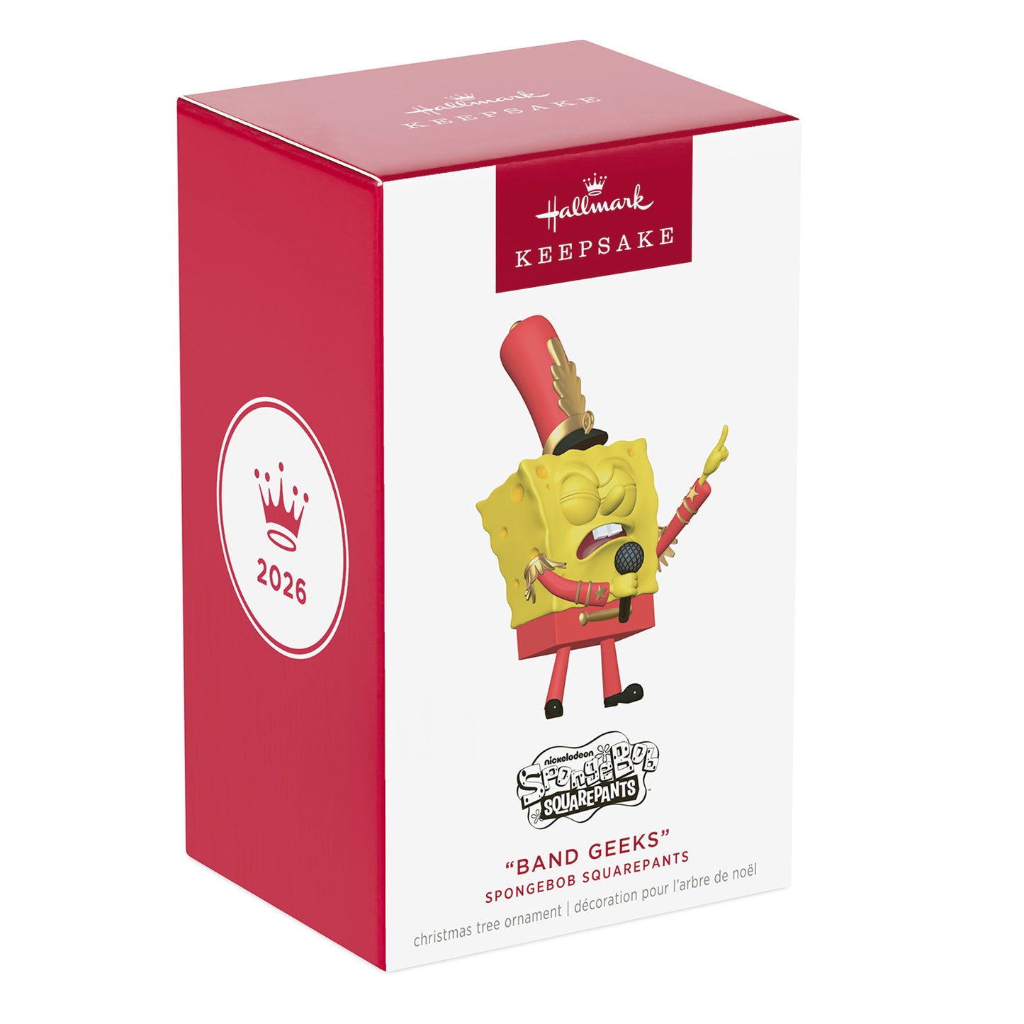 Nickelodeon SpongeBob SquarePants "Band Geeks" — 2026 Hallmark Keepsake Christmas Ornament in packaging featuring SpongeBob in a marching band uniform.