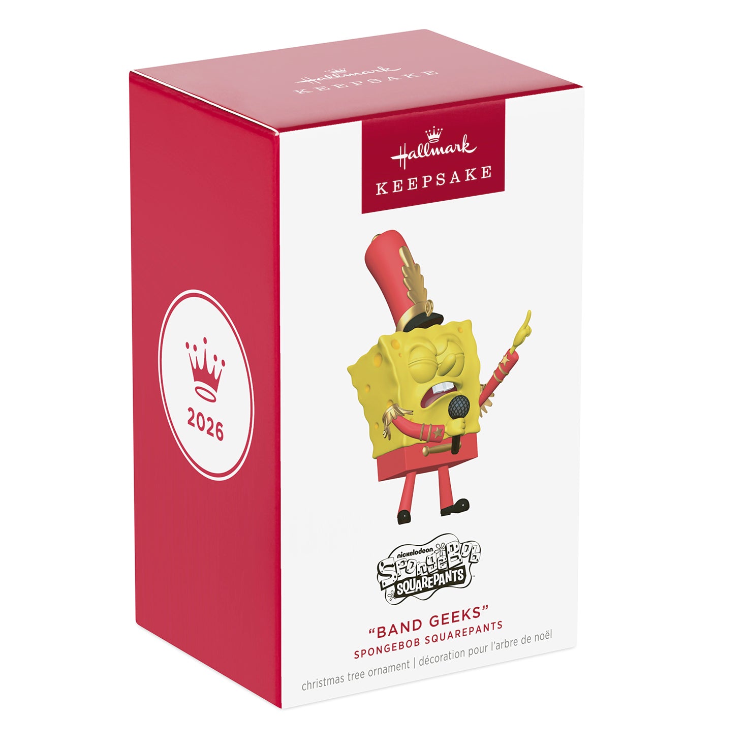 Nickelodeon SpongeBob SquarePants "Band Geeks" — 2026 Hallmark Keepsake Christmas Ornament in packaging featuring SpongeBob in a marching band uniform.