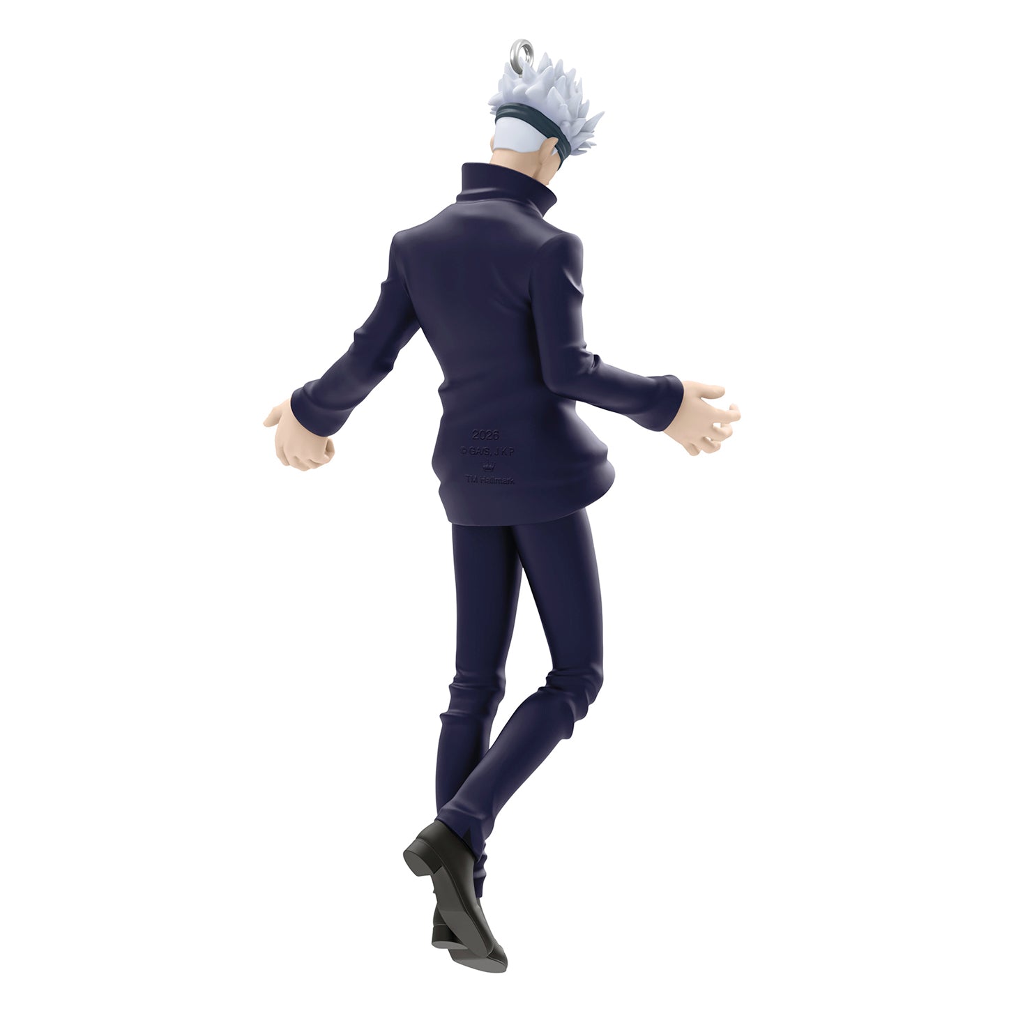 Jujutsu Kaisen Satoru Gojo — 2026 Hallmark Keepsake Christmas Ornament in black outfit, angled view showcasing spiky white hair.