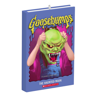 Goosebumps The Haunted Mask — 2026 Hallmark Keepsake Christmas Ornament, featuring Carly Beth holding a neon-green Halloween mask, vibrant design.