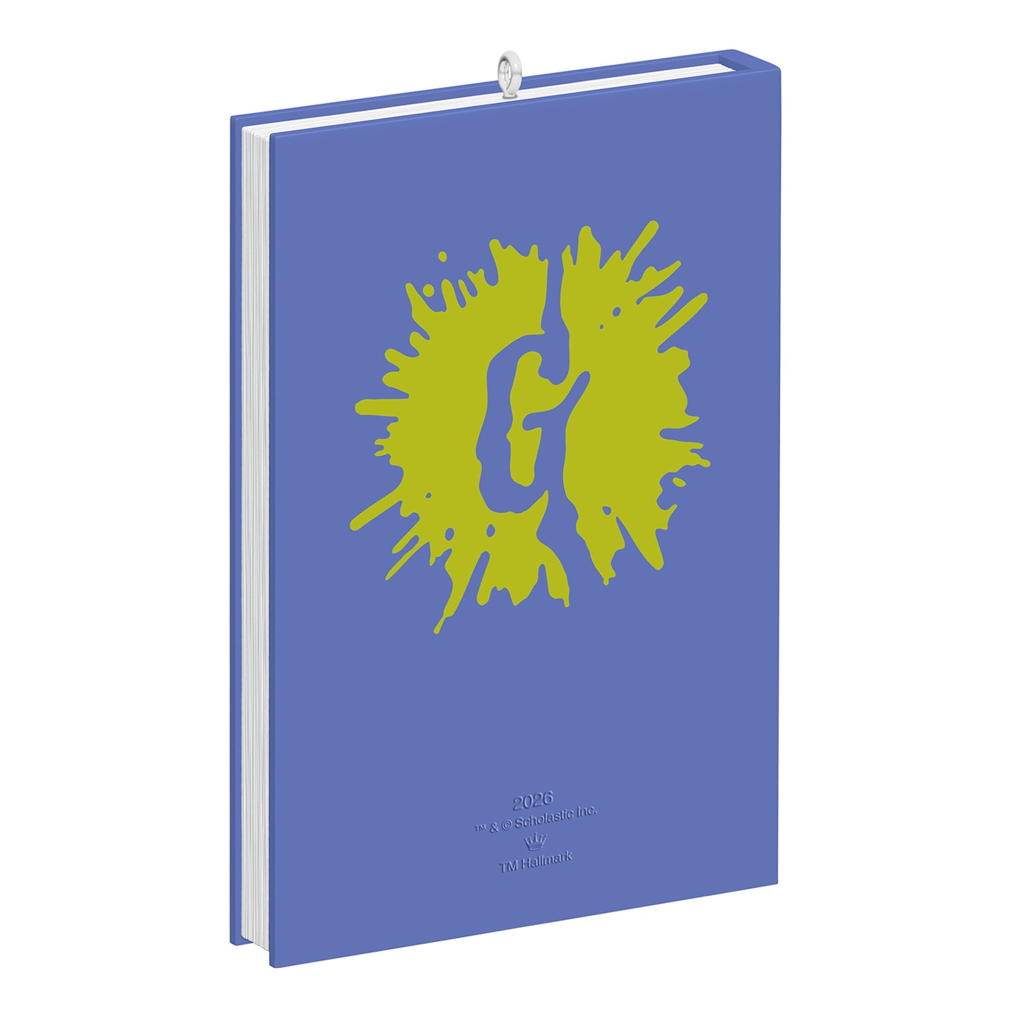 Goosebumps The Haunted Mask — 2026 Hallmark Keepsake Christmas Ornament, blue hardcover book design with neon-green splash graphic.