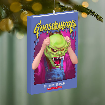 Goosebumps The Haunted Mask — 2026 Hallmark Keepsake Christmas Ornament, blue hardcover book design with monster mask detail