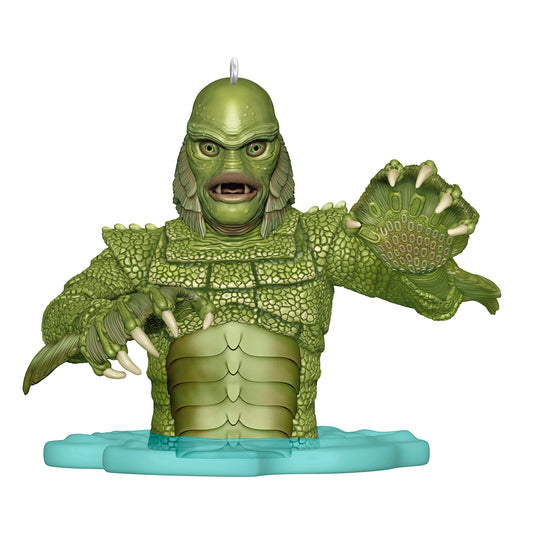 Universal Monsters Creature from the Black Lagoon — 2026 Hallmark Keepsake Christmas Ornament, detailed green Gill-man design, submerged in water.