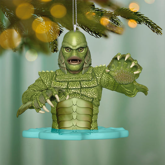 Universal Monsters Creature from the Black Lagoon — 2026 Hallmark Keepsake Christmas Ornament, detailed view of Gill-man emerging from water, vibrant green.