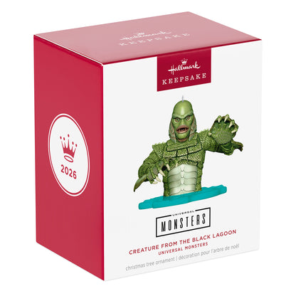Universal Monsters Creature from the Black Lagoon — 2026 Hallmark Keepsake Christmas Ornament in festive packaging, featuring detailed Gill-man design.