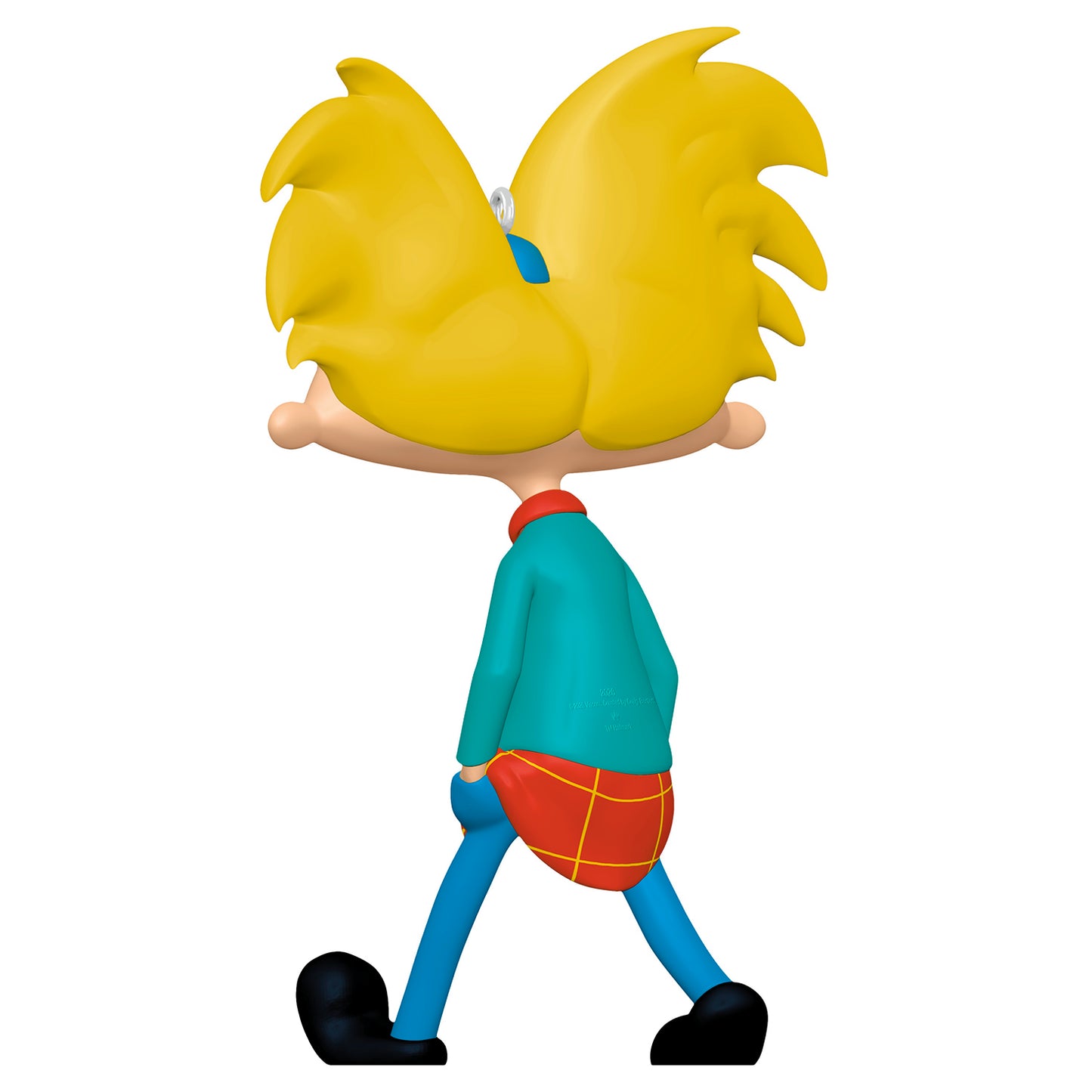 Nickelodeon Hey Arnold! Arnold Shortman — 2026 Hallmark Keepsake Christmas Ornament, rear view, wearing teal sweater and plaid shorts.