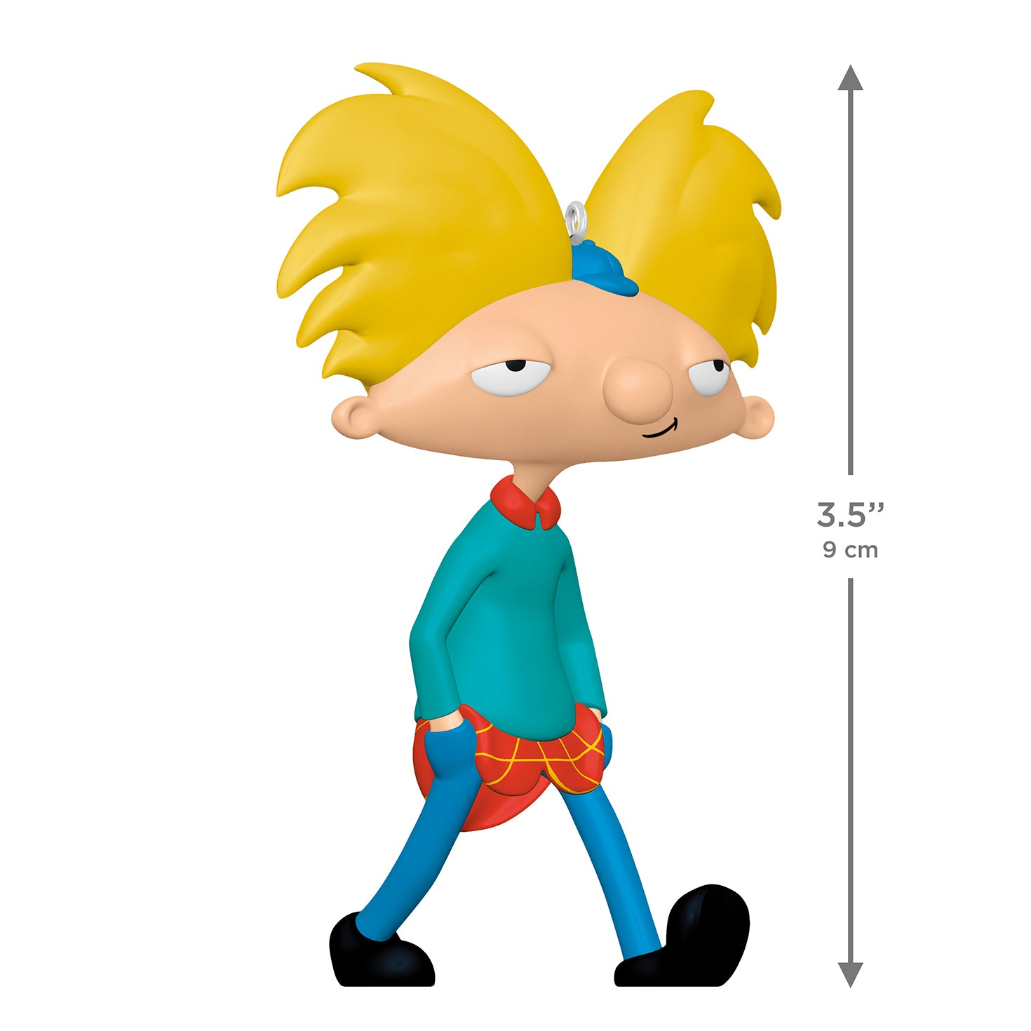 Nickelodeon Hey Arnold! Arnold Shortman — 2026 Hallmark Keepsake Christmas Ornament, stylised figure with yellow hair and teal sweater, approx 9 cm tall.