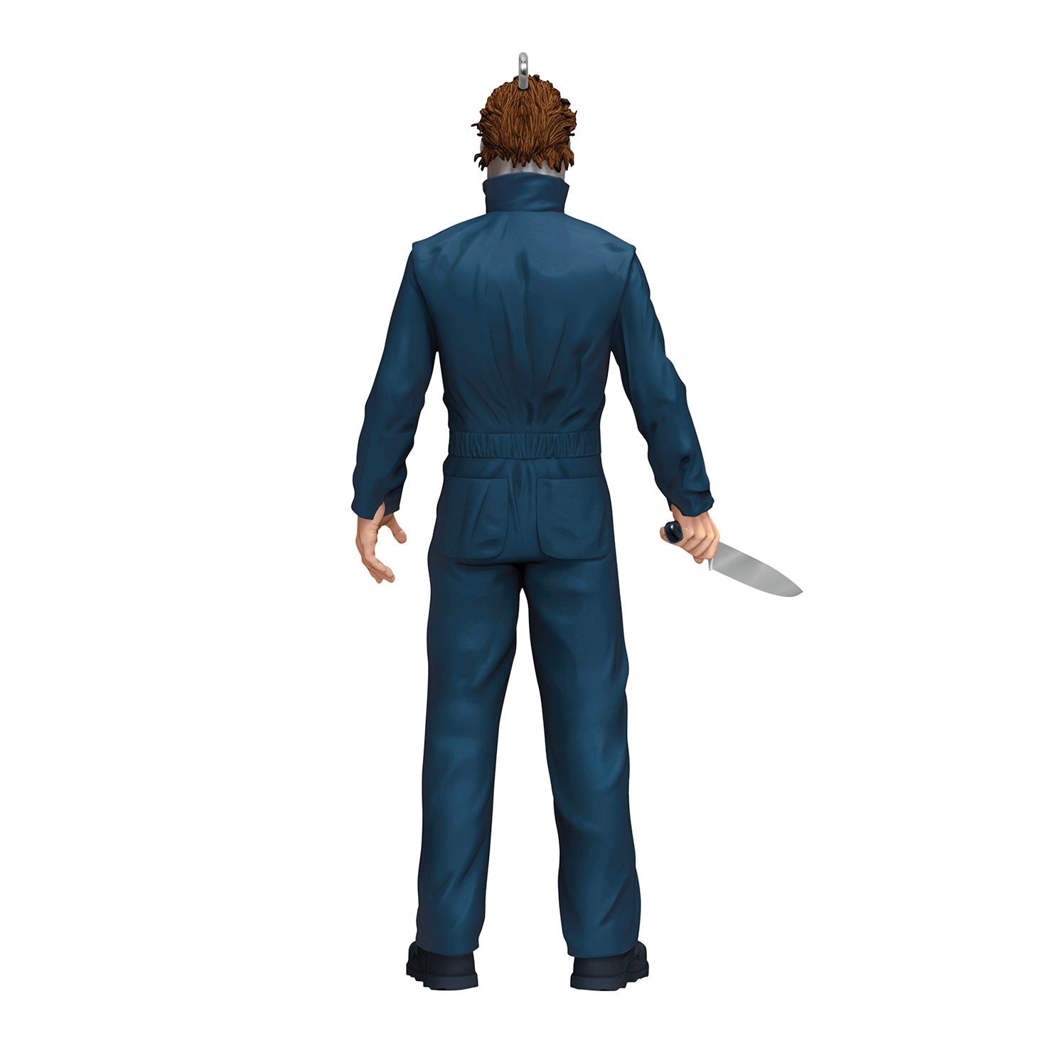 Halloween II Michael Myers — 2026 Hallmark Keepsake Christmas Ornament, rear view of the figure wearing blue coveralls holding a knife.